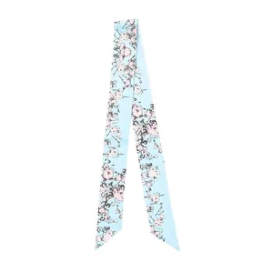 Floral print narrow blue silk scarf for neck or bag decoration with pointed ends