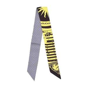 Dual-sided skinny silk scarf with polka dots and vintage celestial patterns for handbags