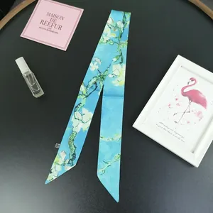 Artistic Van Gogh almond blossom print skinny silk scarf for handbag handle decoration