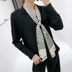 Korean Style Narrow Long Striped Satin Scarf For Women Elegant Geometric Letter Print Skinny Scarf Necktie Decorative Scarf