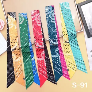 Narrow Satin Scarf For Women Paisley Polka Dot Star Print Ribbon Hair Band Bag Handle Wrap Silk Like Neck Tie Accessory