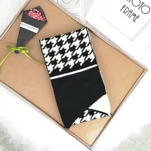 Women Houndstooth Knitted Scarf Winter Warm Patchwork Neck Warmer Casual Small Wool Knit Neck Scarf For Autumn Winter