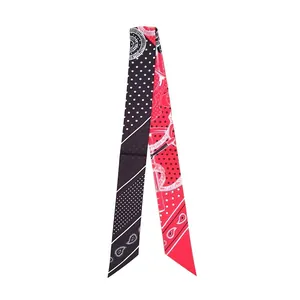 Summer skinny silk scarf with paisley and polka dot pattern for neck or bag handles