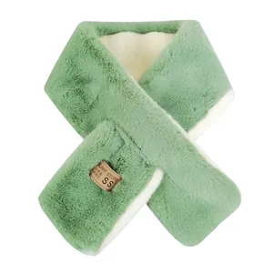 Winter faux rabbit fur neck warmer with green and white color block and scarf tag