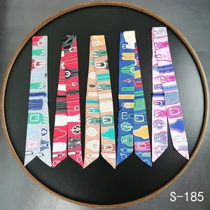 Women French Elegant Satin Twilly Scarf Vintage Horsebit Belt Print Narrow Long Scarf Bag Handle Scarf Fashion Neck Tie Headband