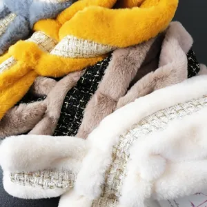 Plush faux fur and tweed patchwork scarves in yellow, brown, black, and ivory colors