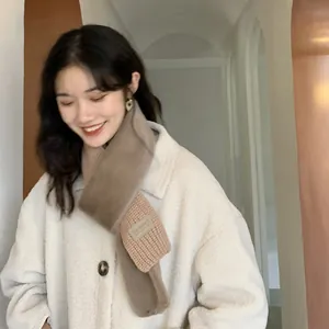 Women Winter Knitted Patchwork Scarf Faux Rex Rabbit Fur Soft Warm Neck Warmer Cute Student Fashion Solid Color Shawl Muffler