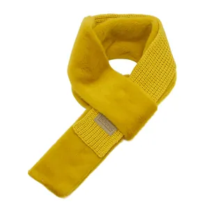 Chic yellow knitted scarf with plush faux rabbit fur texture and decorative label