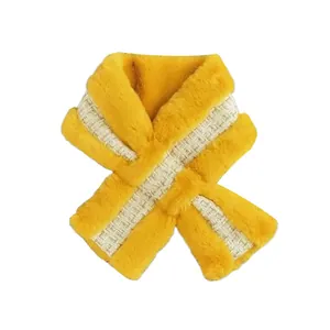 Bright yellow faux rabbit fur scarf with tweed knit strap detail for winter warmth