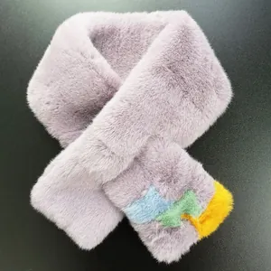 Close-up of plush faux rabbit fur scarf in lavender with vibrant color-block accents