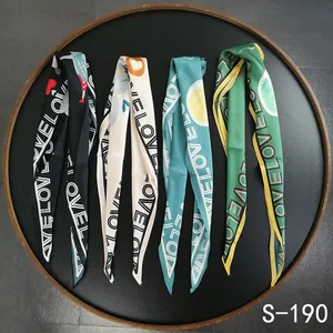 Slim silk scarf set for women with LOVE pattern in black beige and green variants