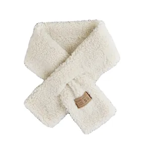 Women Winter Thickened Faux Lamb Wool Scarf Warm Sherpa Fleece Neck Warmer Solid Color Cross-Over Scarf With Leather Decoration