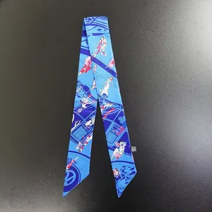 Twilly in seta blu con illustrazioni moderne per manico di borsa di alta qualità