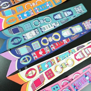 Silk twilly scarf collection with geometric horse patterns for handbag handles