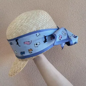 Dames Cartoon Kat Print Smalle Satijn Sjaal Decoratieve Nekband Zijdeachtig Dun Lang Twilly Voor Handtas Haar Accessoires