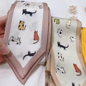 Smalle satijnen zijden sjaal met kattenprint voor decoratie van nek of handtassen