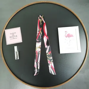 Elegant chain pattern narrow silk scarf for handbags in black, red and pink colors