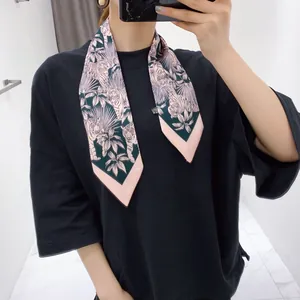 Pink twilly silk scarf featuring exotic tiger and tropical jungle leaf patterns for women