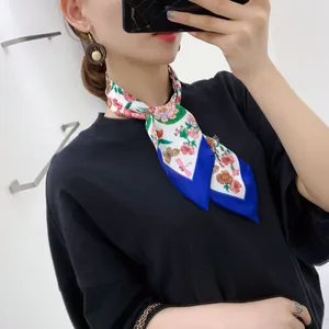Floral print satin skinny scarf for women with blue butterfly and dragonfly patterns
