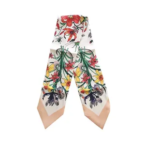 Floral twilly silk scarf with colorful botanical prints and bee motifs on cream fabric