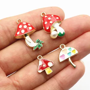 Alloy Enamel Mushroom Pendants Drip Oil Red White Polka Dot Heart Shape Charms For DIY Jewelry Making Necklace Accessories