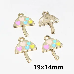 Detail of mushroom alloy pendants with colorful hearts and 19x14mm size specs