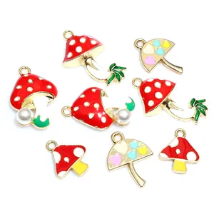 Colorful mushroom enamel pendants in various designs with gold-plated DIY hanging loops
