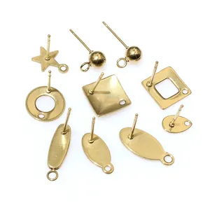 Golden stainless steel geometric stud earring bases with loops for DIY jewelry making