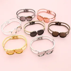 Koperen Armband Basis Dubbele Ronde Zetting Dienblad DIY Sieraden Onderdelen Voor Cabochon Maken Vintage Open Manchet Armband