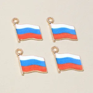 Detail view of 4 pieces Russian flag alloy charms with white blue red oil drip and gold frame