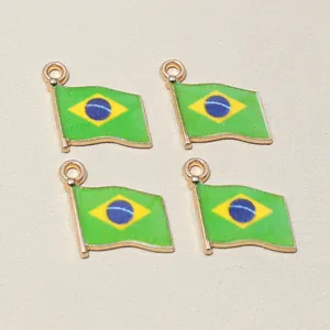 Detailed view of four Brazilian flag alloy charms with gold borders for DIY jewelry making