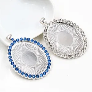 Vintage Zinklegierung Oval Anhängerbasis Cabochon Fassung Mit Blau Klar Zirkonia Strass Für DIY Schmuckherstellung Zubehör
