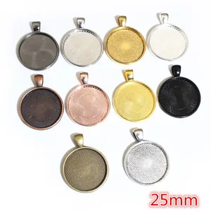 Set of ten 25mm round metal alloy pendant trays in gold, silver, and bronze finishes