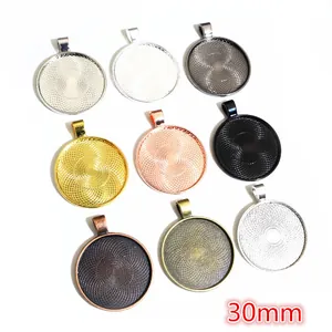 30mm thick round pendant base trays for DIY jewelry making in nine assorted metal colors