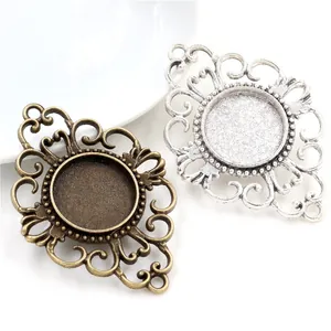 Vintage 18mm round alloy pendant base with hollow scroll patterns in bronze and silver