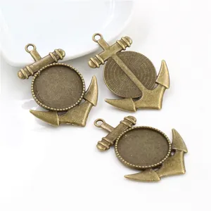 Three antique bronze anchor pendant bases for DIY jewelry making with 20mm round bezel