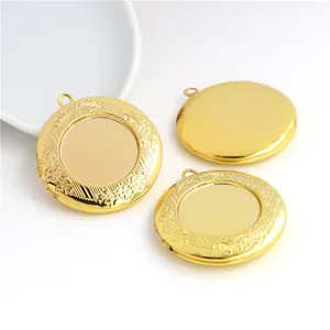 Engraved copper round floral locket pendant in gold finish for DIY jewelry making