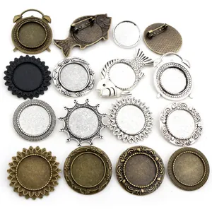 Sortierte 20mm Legierung Brosche Anhänger Basen in Bronze, Silber und Schwarz für DIY Schmuck