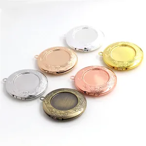 Vintage Copper Round Locket Pendant Floral Engraving DIY Frame Jewelry Making Accessory Retro Style Openable Memorial Pendant