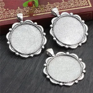 Three vintage 30mm flower alloy pendant trays in antique silver finish for DIY jewelry
