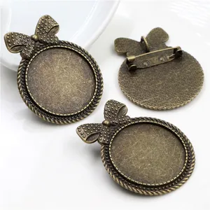Vintage bronze bowknot brooch base with 30mm round pendant tray for DIY jewelry making