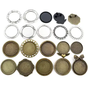 Vintage Alloy Round Brooch Setting Tray Antique Bronze Silver Black Bezel Base Pendant Tray DIY Jewelry Cabochon Findings Craft Material