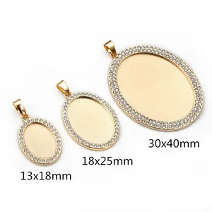 Three sizes of gold oval alloy pendant bases with rhinestones for DIY jewelry making
