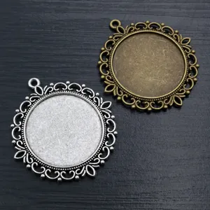 Vintage 35mm round filigree pendant base in bronze and silver for DIY jewelry making