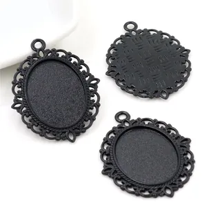 Matte black oval 18x25mm alloy pendant base with hollow lace border for DIY jewelry making