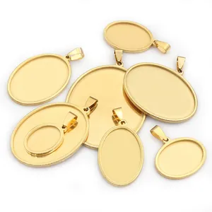 Detailed collection of gold oval and round stainless steel pendant tray bases for DIY jewelry