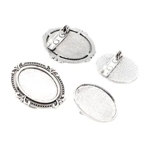 Antique silver oval brooch setting with 18x25mm inner diameter for DIY jewelry