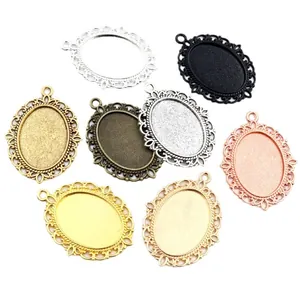 DIY oval 18x25mm hollow alloy pendant trays in seven various metallic finishes for jewelry