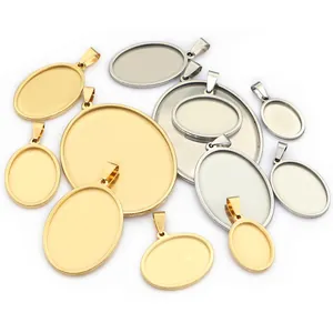 Stainless Steel Oval Pendant Tray Bezel Cabochon Settings For DIY Jewelry Making Gold Silver Blank Pendant Base Findings