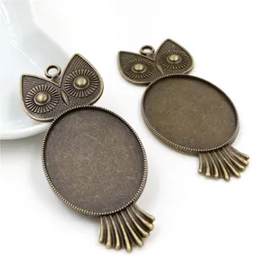 Antique bronze owl pendant base tray for 30x40mm glass cabochon DIY jewelry making